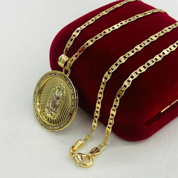 14K Gold Filled Virgen de Guadalupe Necklace Medalla Tres Oros 16" for Boy Girls - Picture 2 of 8